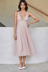 Floating By Plunging Neckline Mesh Overlay Midi Dress Apricot