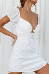 In My Dreams Puff Sleeve String Tie Bust Textured Floral Dress White