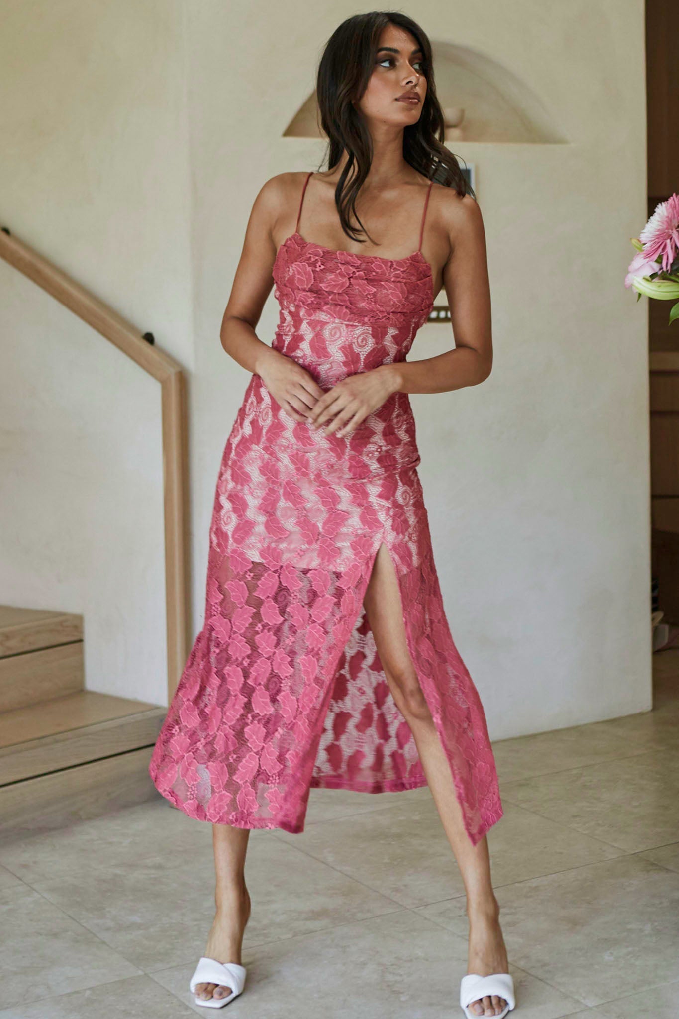 Well Versed Pleated Bust Front Split Dress Lace Rose