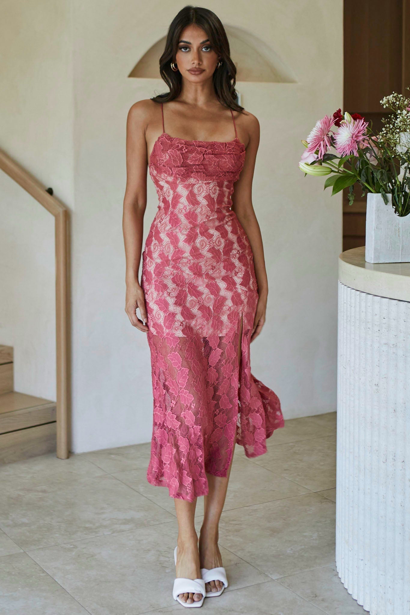 Well Versed Pleated Bust Front Split Dress Lace Rose