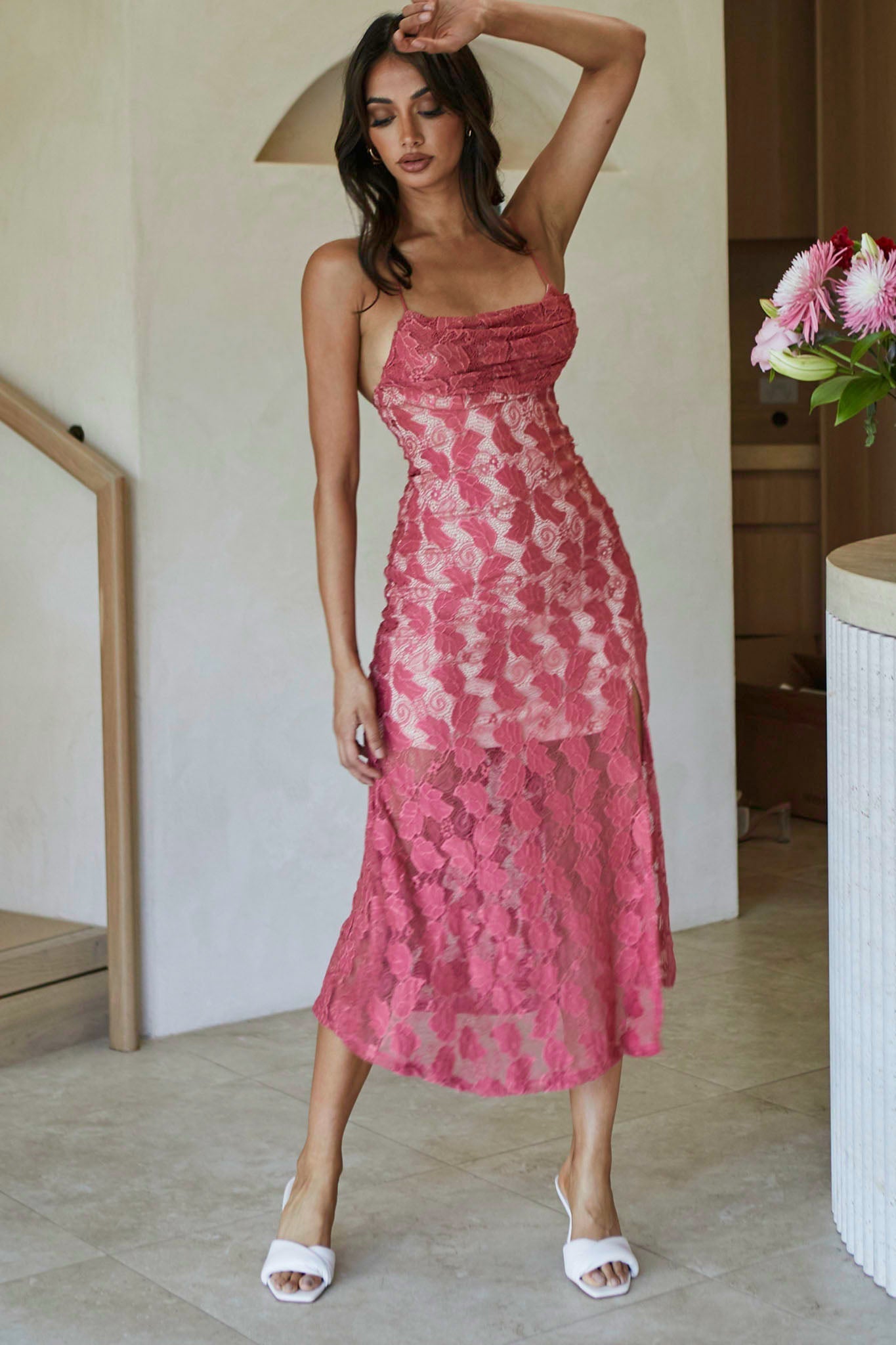 Well Versed Pleated Bust Front Split Dress Lace Rose