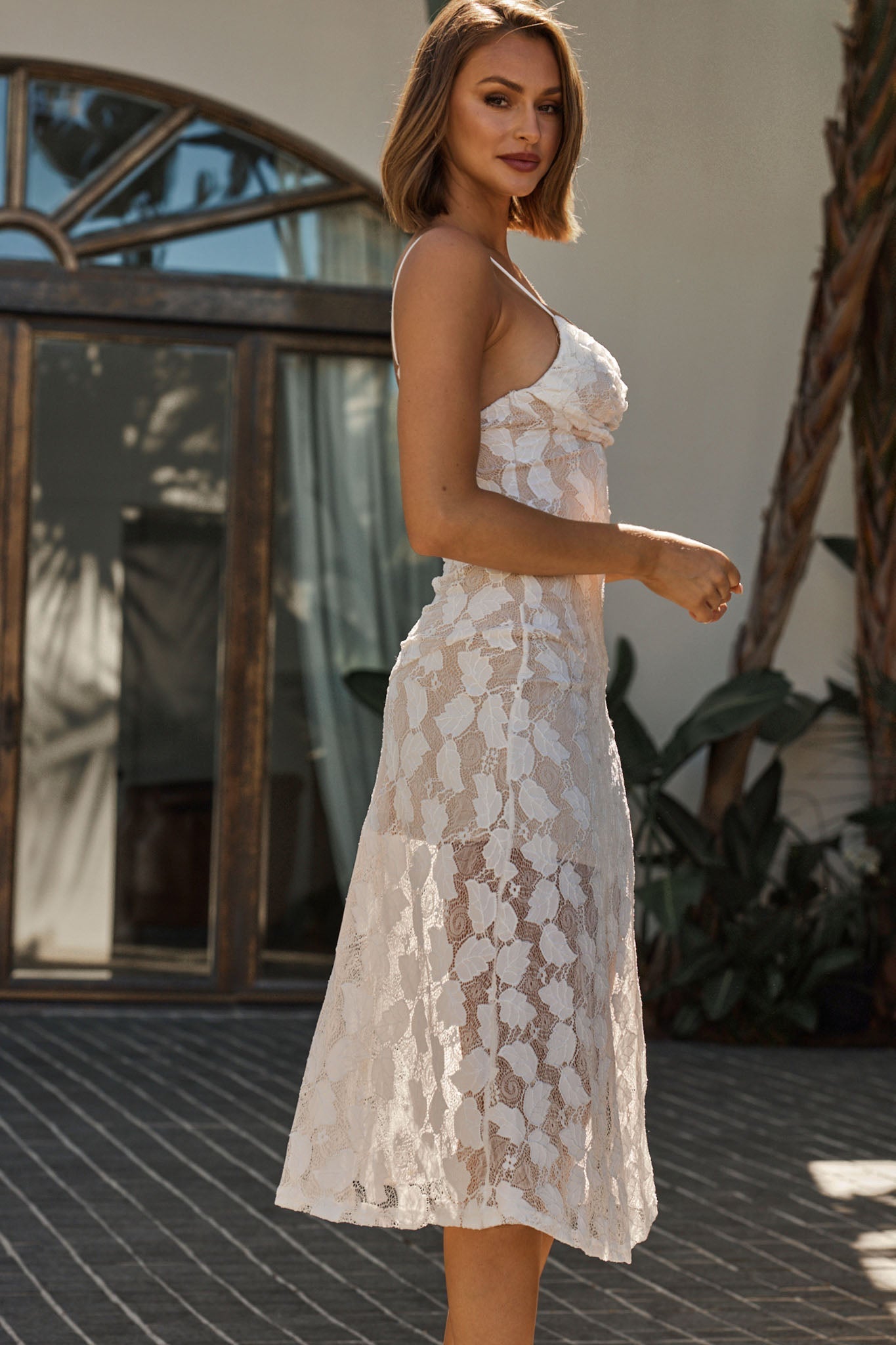 Well Versed Pleated Bust Front Split Dress Lace White