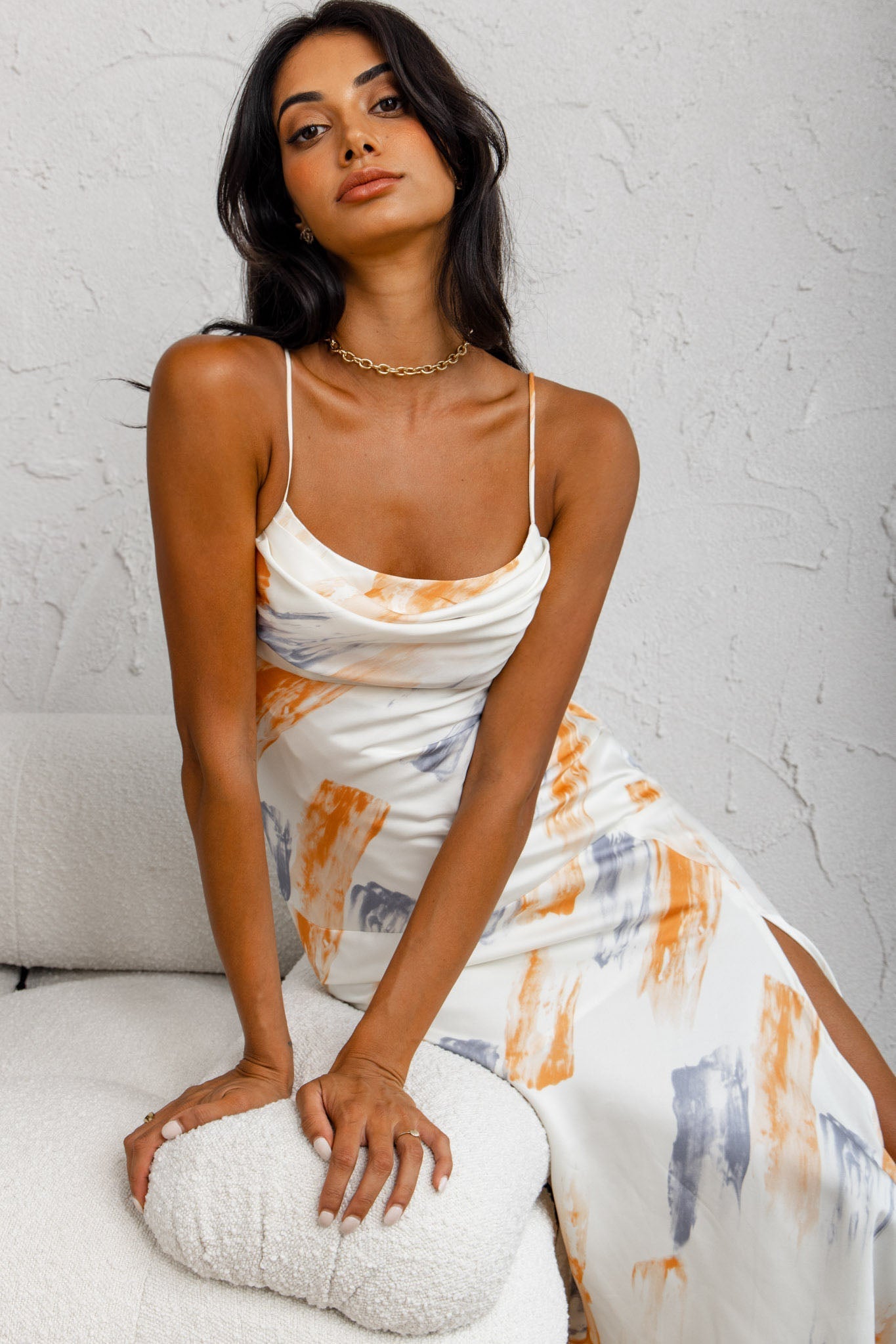 Well Versed Pleated Bust Front Split Dress Paint Print Blue/Orange