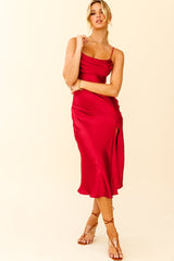 Well Versed Pleated Bust Front Split Dress Wine