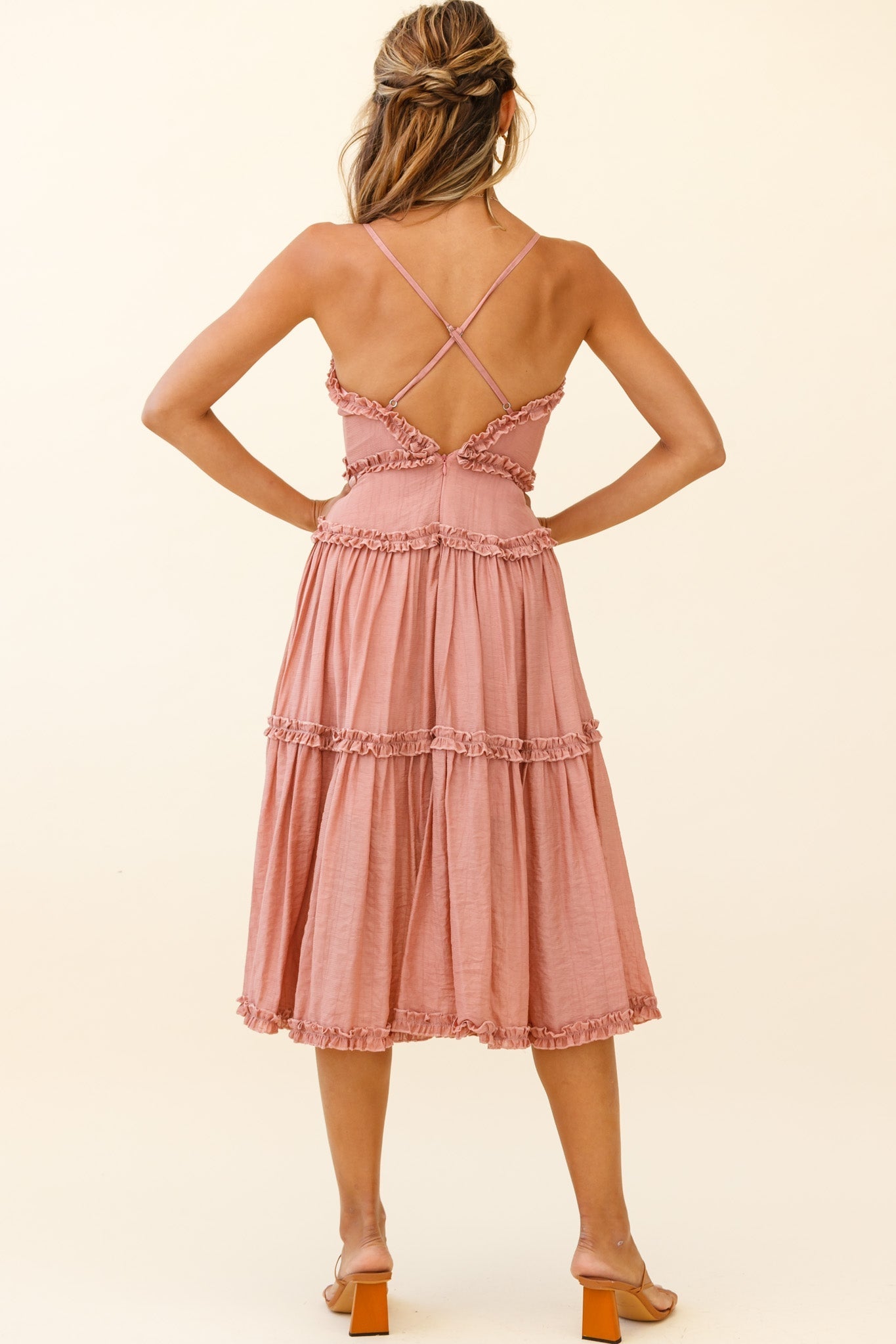 Laney Low Back Cami Strap Midi Dress Rose