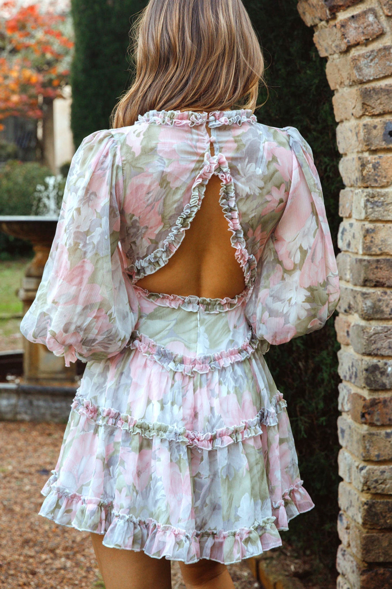 Laney Cutout Back Ruffle Trim Dress Watercolor Floral Print Pink