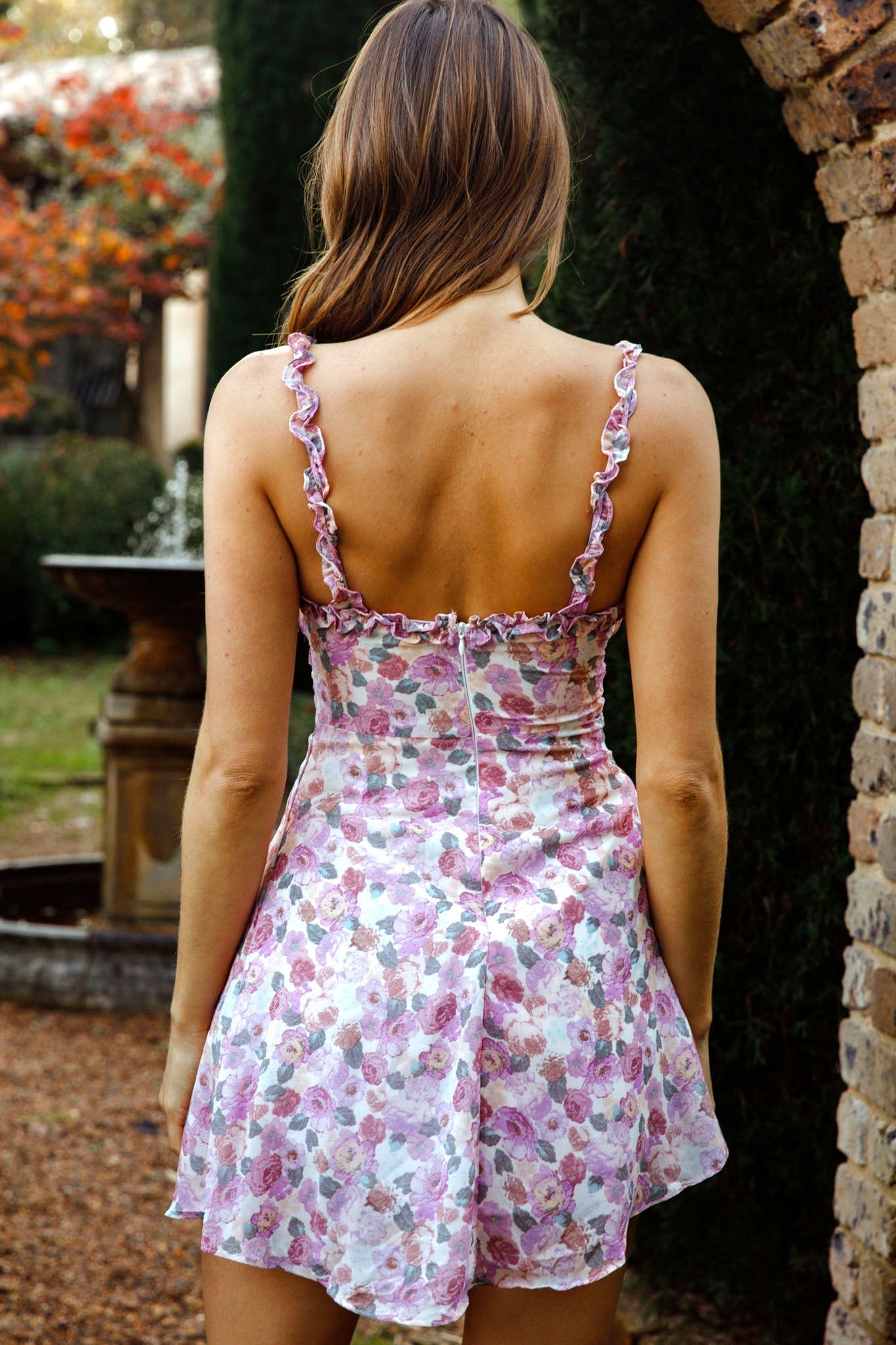 Baby Girl Gathered Bust Frill Strap Sun Dress Floral Print Lilac