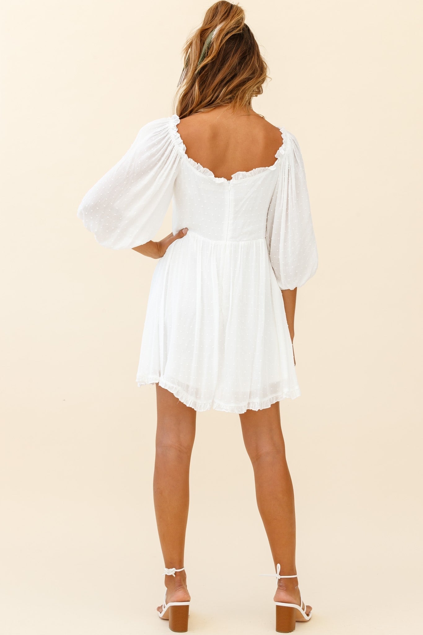 Dream Lover Puff Sleeve Crochet Insert Dress White