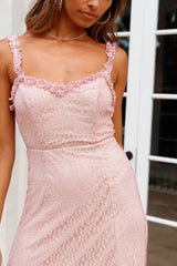 Isadora Mesh Overlay Frill Trim Neckline Midi Dress Mauve