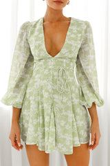 Estelle Long Sleeve V-Neckline Dress Leaf Print Olive