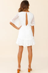 Leona Half Sleeve Frill Trim Dress Leaf Embroidered White