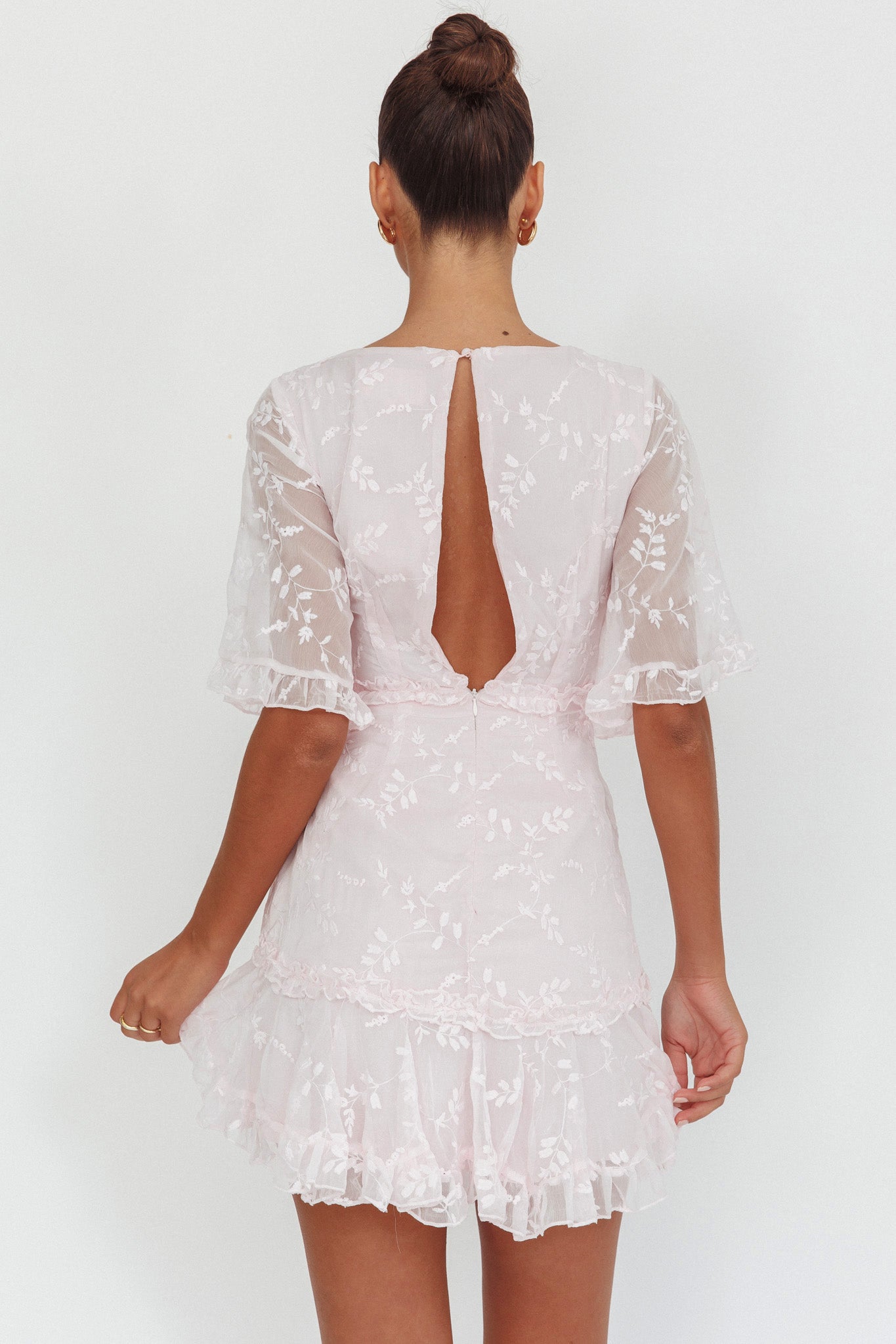 Leona Half Sleeve Frill Trim Dress Embroidered Blush
