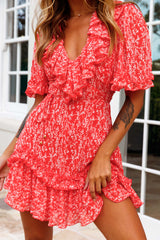Las Palmas Frill Trim Keyhole Back Dress Floral Print Red.