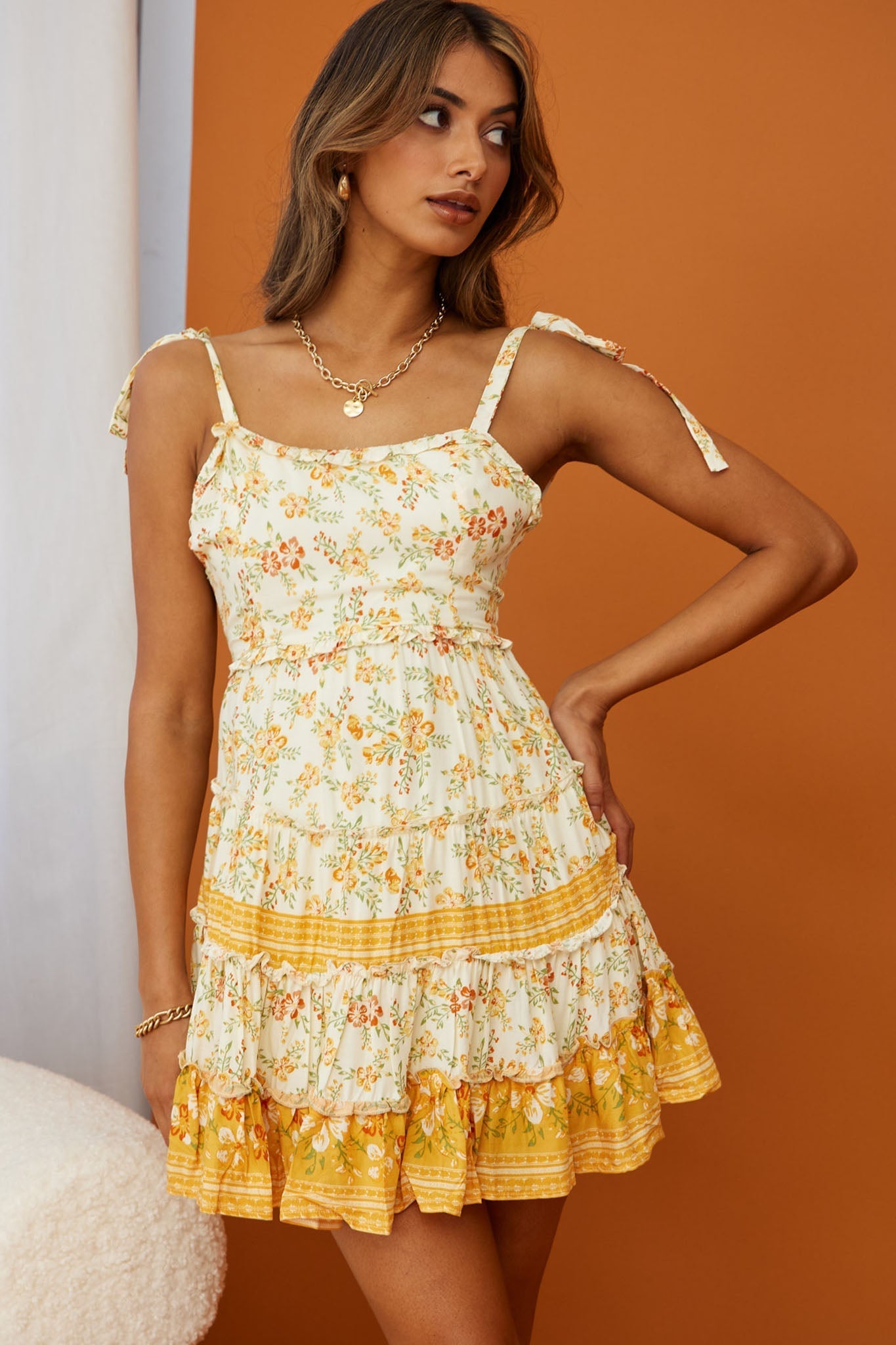 West Coast Frill Trim Tied Shoulders Dress Floral Print Beige Multi