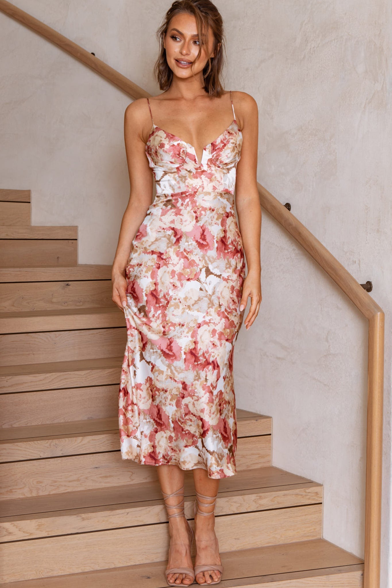Lake Como Fitted Bodice Cami Strap Midi Dress Abstract Print Rose