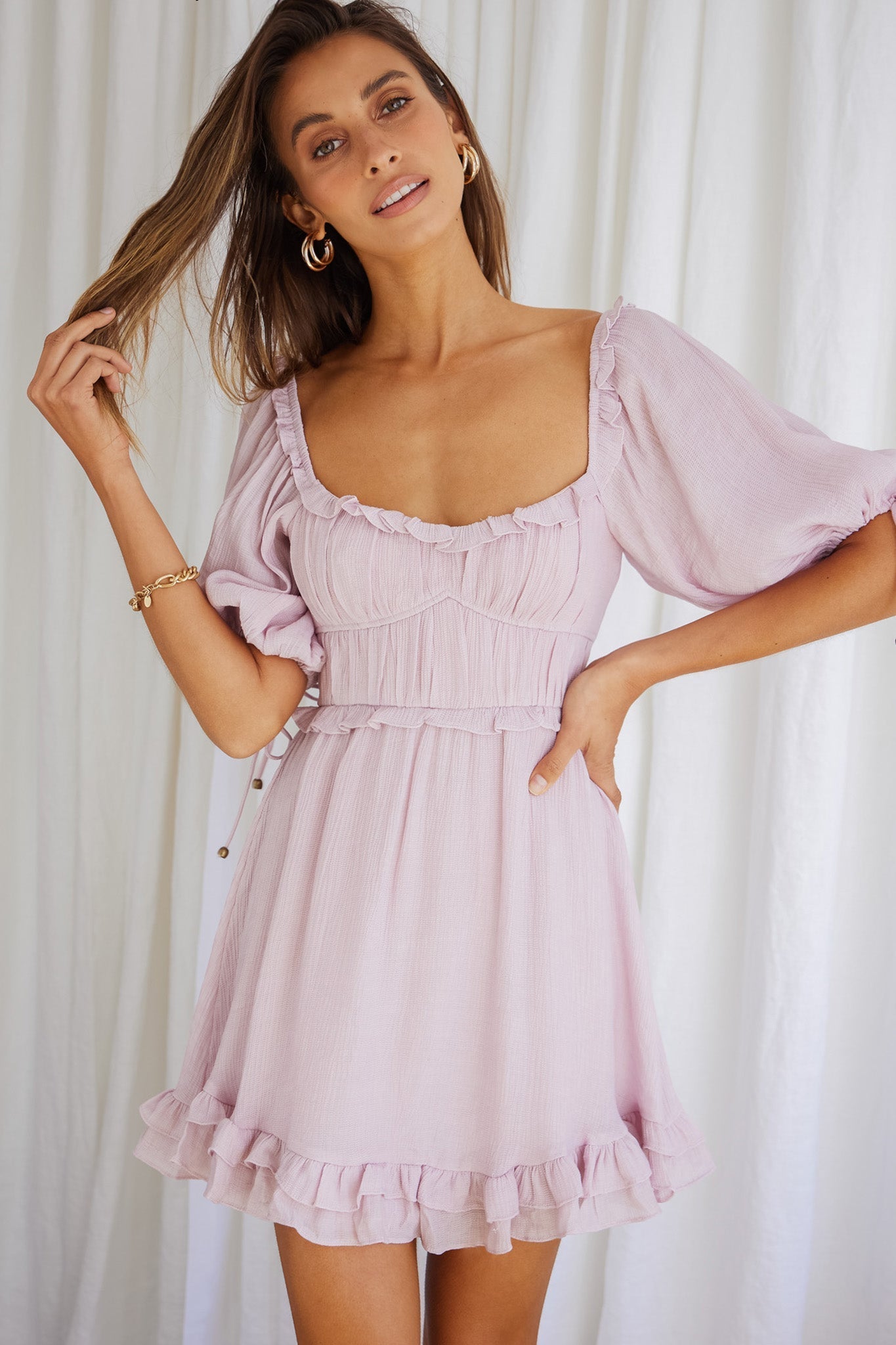 Kirra Puff Sleeve Ruched Bodice Dress Blush