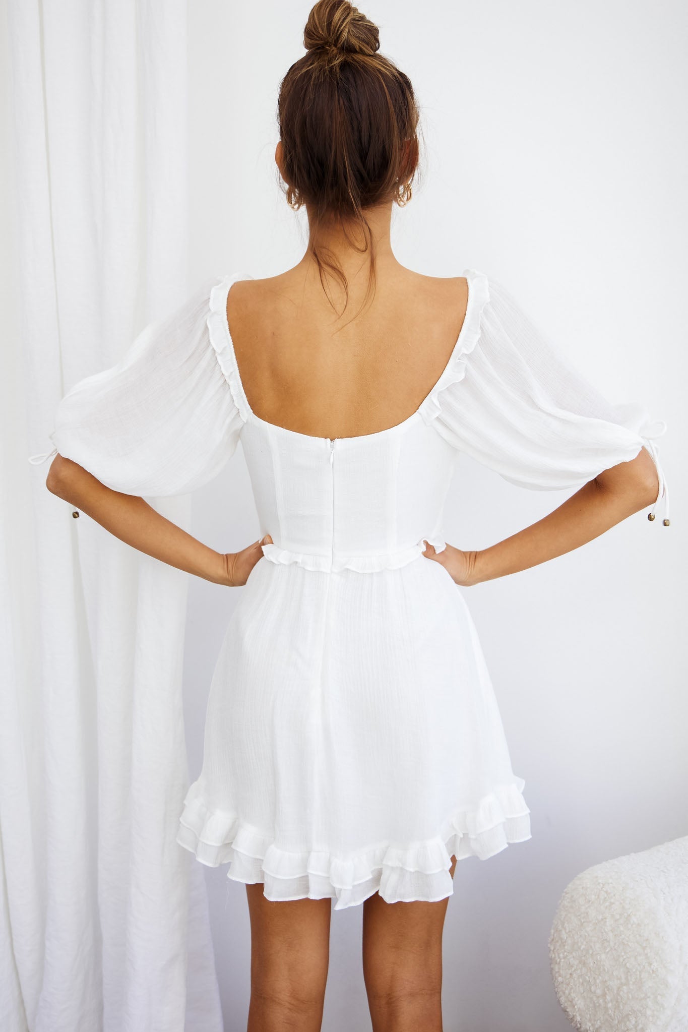 Kirra Puff Sleeve Ruched Bodice Dress White