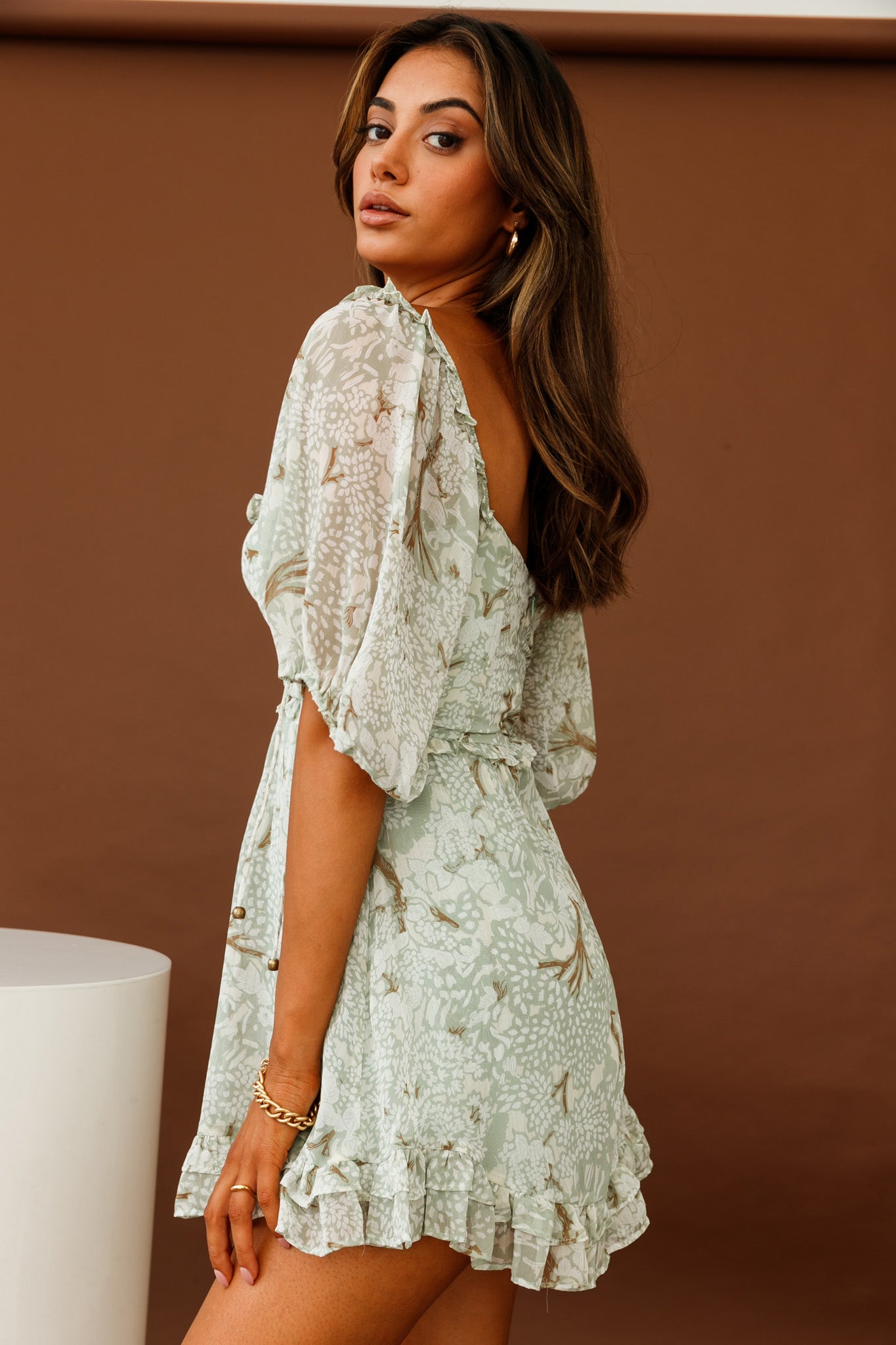 Kirra Puff Sleeve Ruched Bodice Dress Botanic Print Sage
