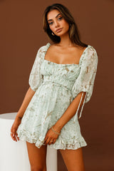 Kirra Puff Sleeve Ruched Bodice Dress Botanic Print Sage