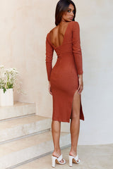 Sheena Long Sleeve Square Neckline Side Split Midi Dress Chocolate