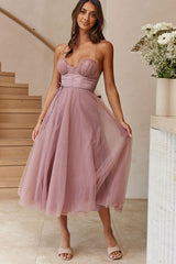 Smitten Sweetheart Neckline Chiffon Midi Dress Rose