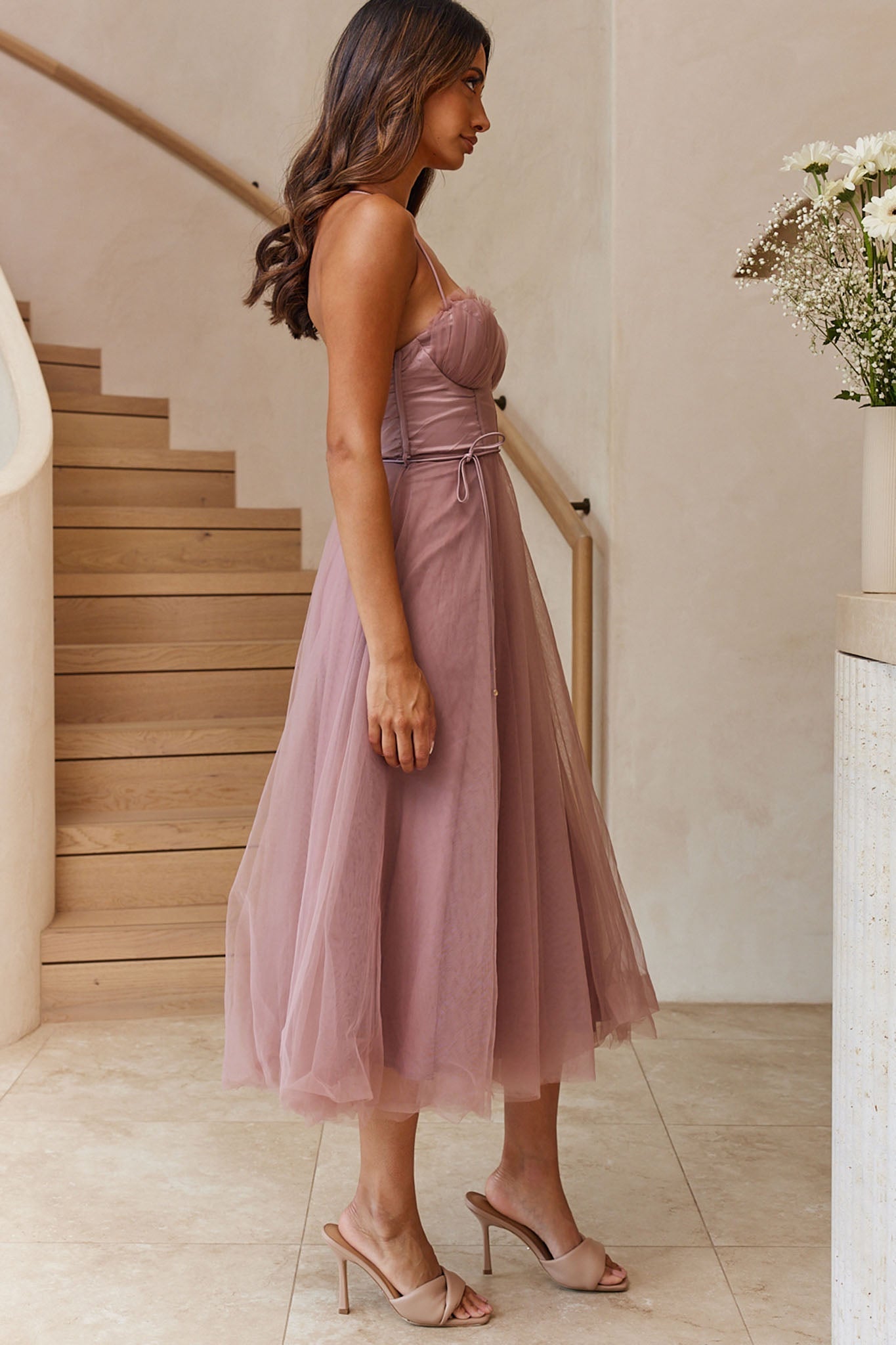 Smitten Sweetheart Neckline Chiffon Midi Dress Rose