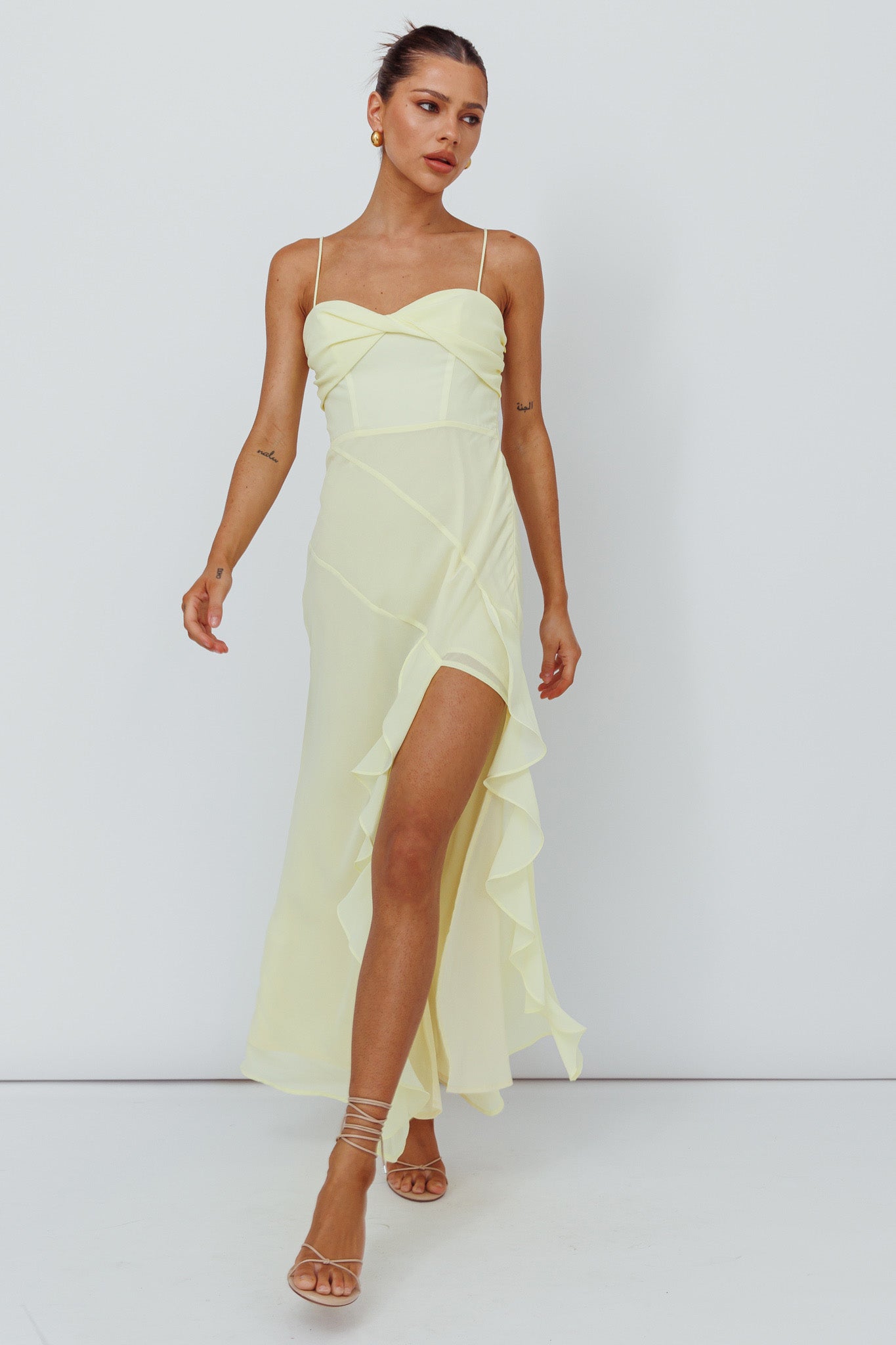 Jayna Ruffle Trim Split Dress Yellow