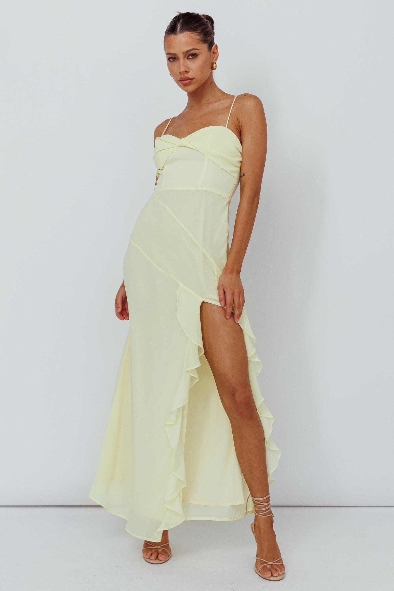 Jayna Ruffle Trim Split Dress Yellow