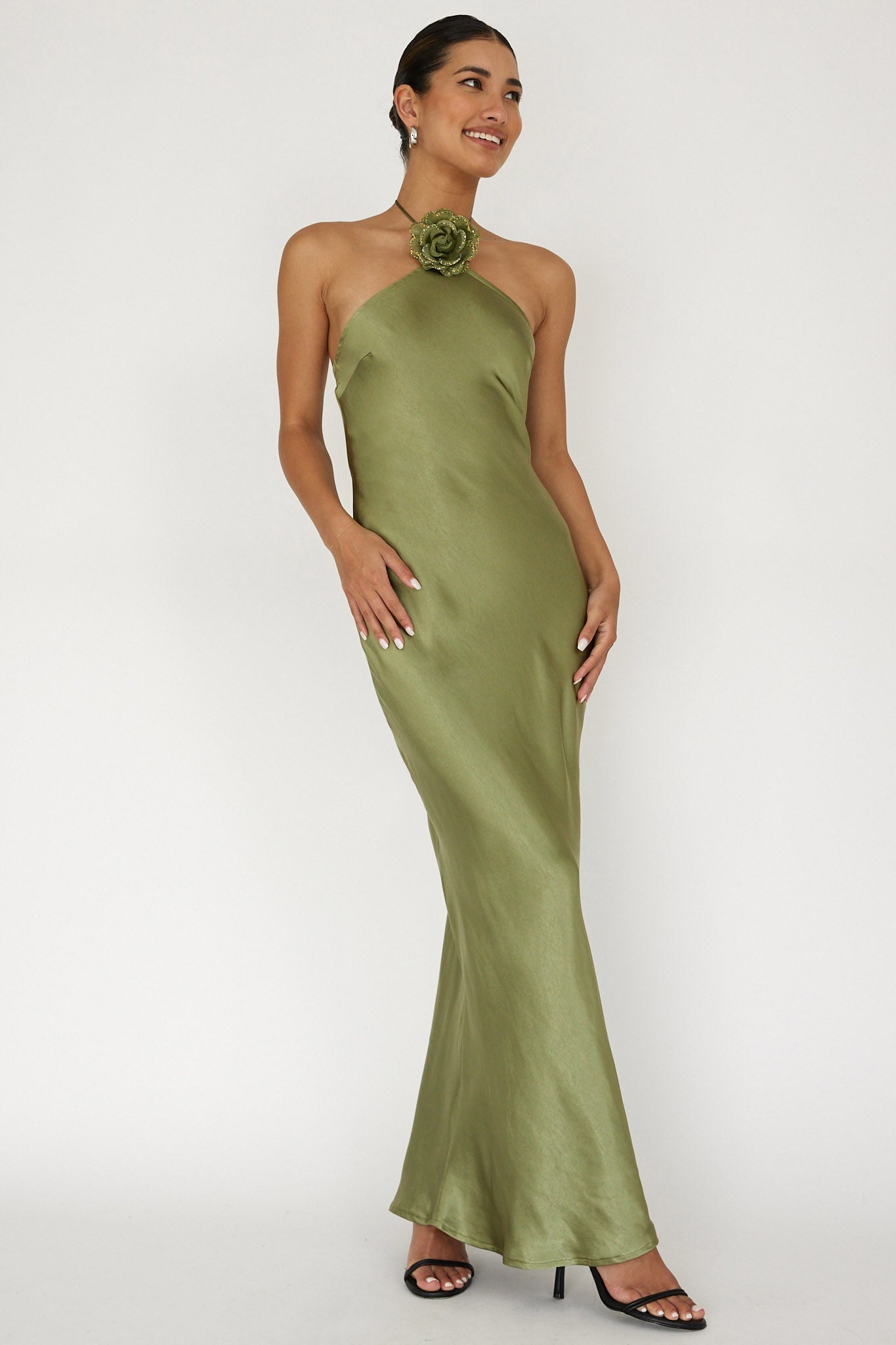 High Roller Flower Decoration Halter Dress Olive
