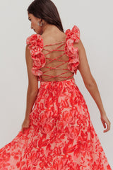 Madara Lace-Up Back Maxi Dress Floral Red