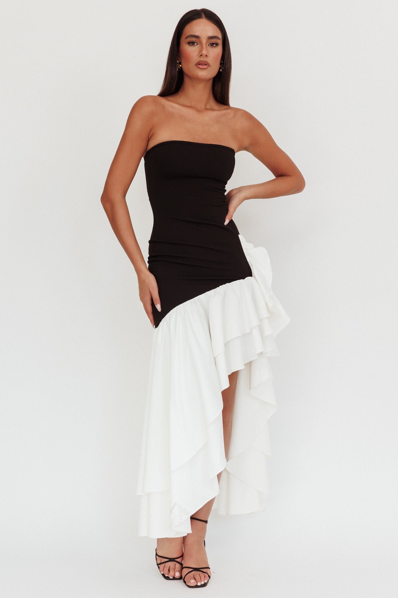 Cha Cha Strapless Thigh Split Dress Black/White