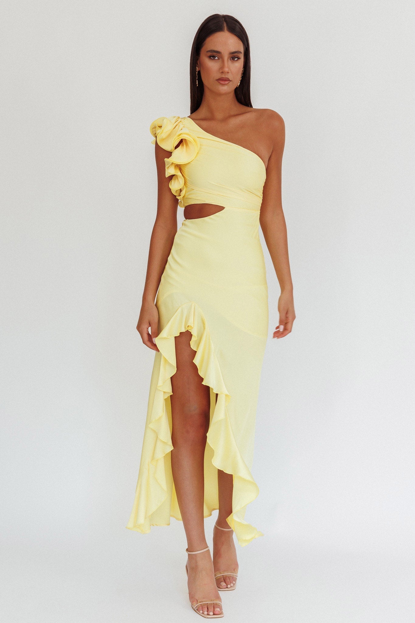 Deanna One-Shoulder Split Maxi Dress Yellow