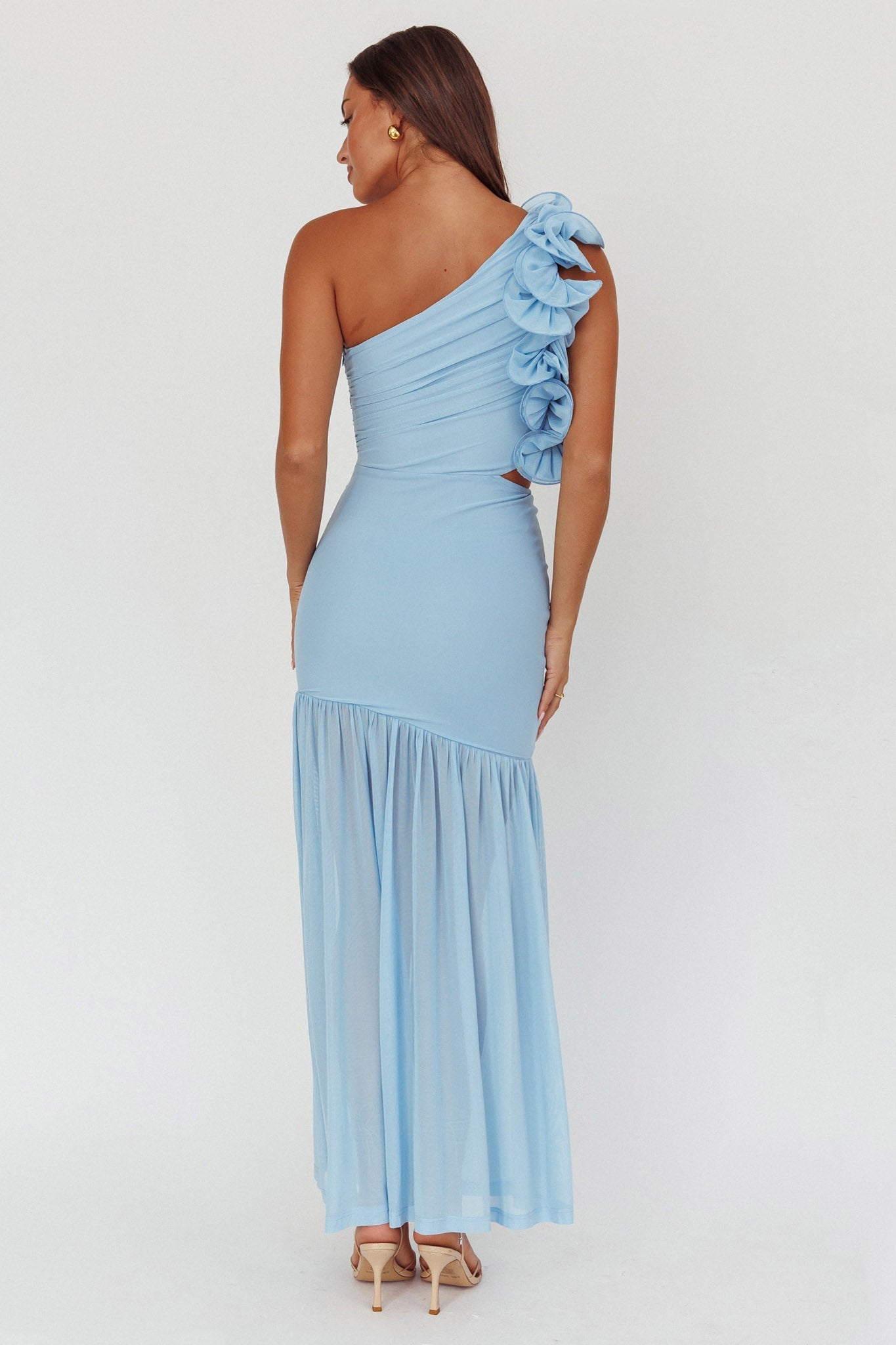 Deanna One-Shoulder Sheer Hem Maxi Dress Blue