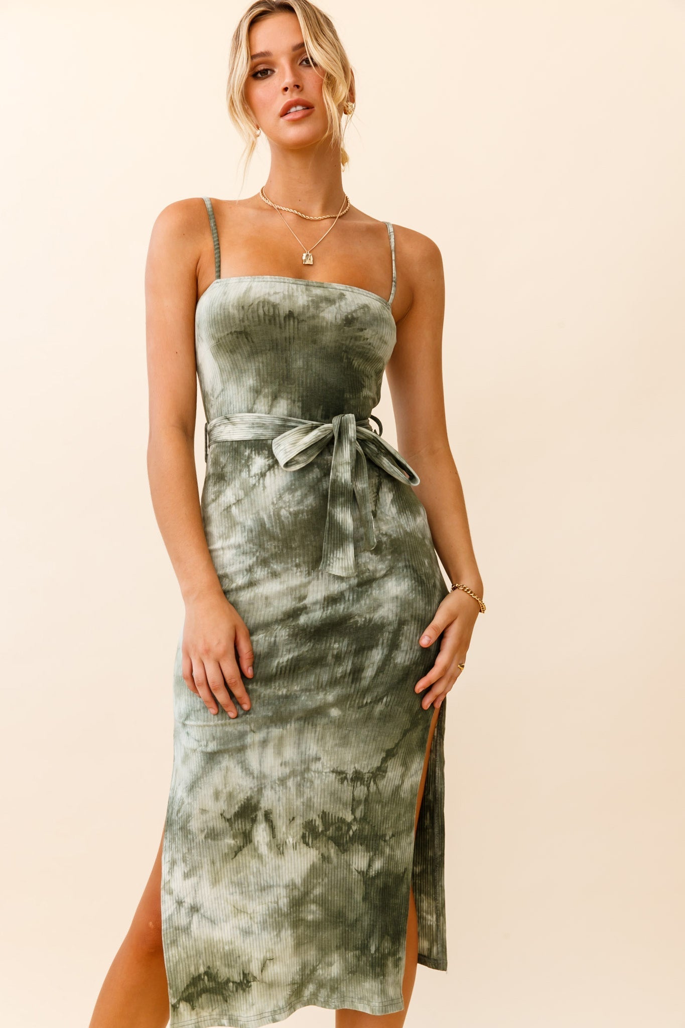 Serenade Me Square Neckline Side Split Midi Dress Tie Dye Olive