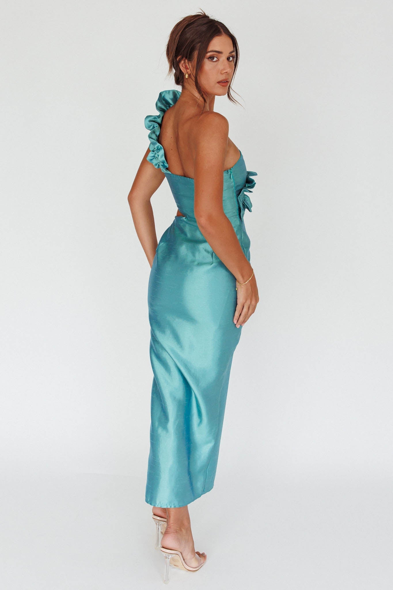 NY Moment Wide Ruffle Shoulder Dress Forest Green