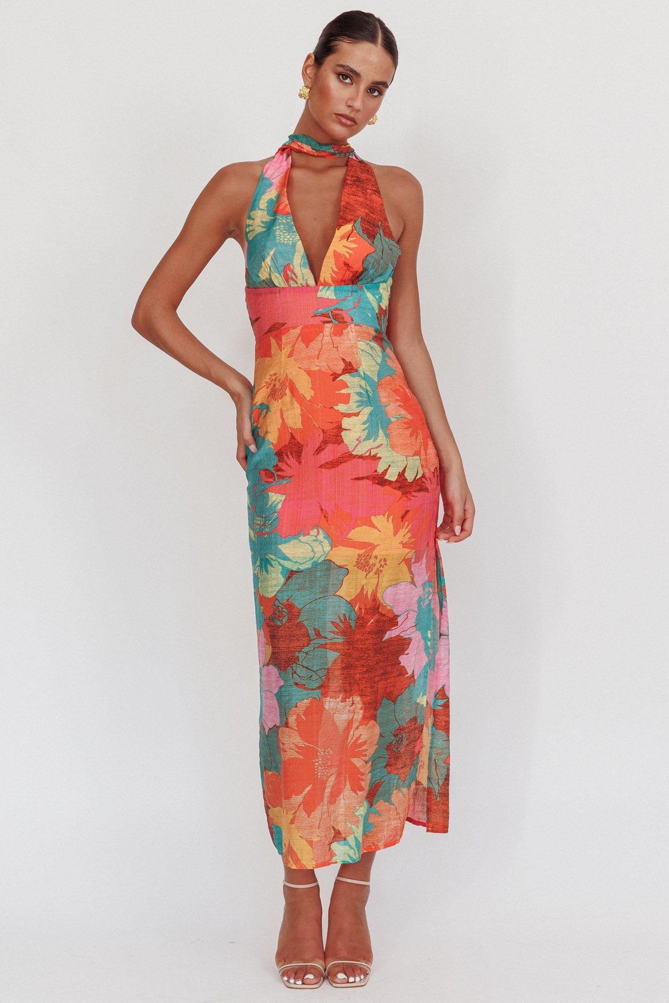 Cipriana Backless Halter Maxi Dress Floral Pink