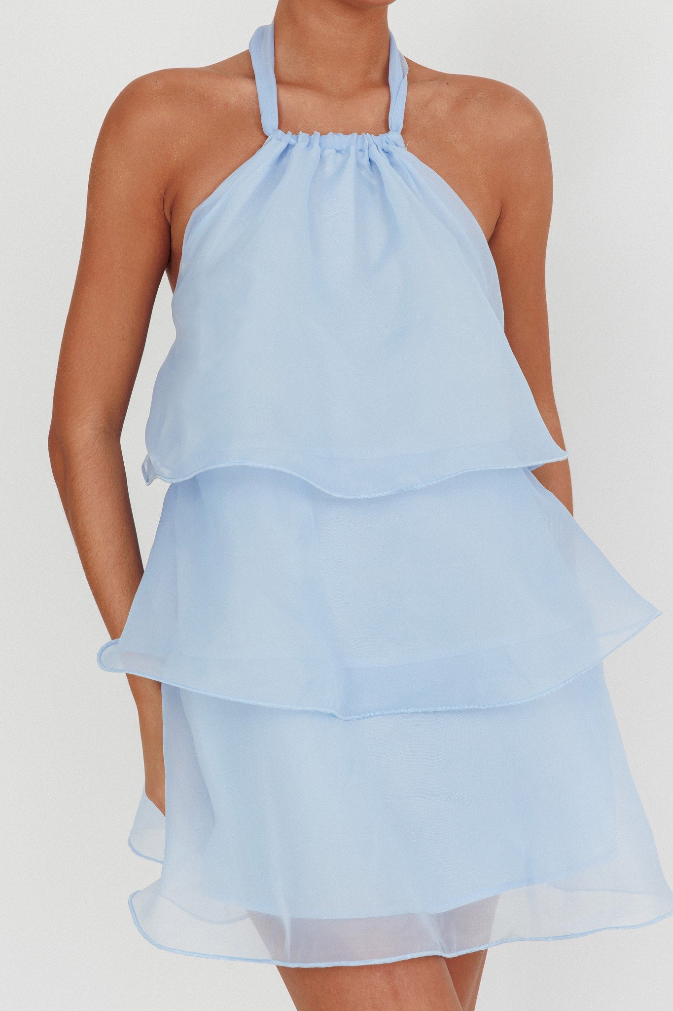 Tulips Tiered Halterneck Mini Dress Baby Blue