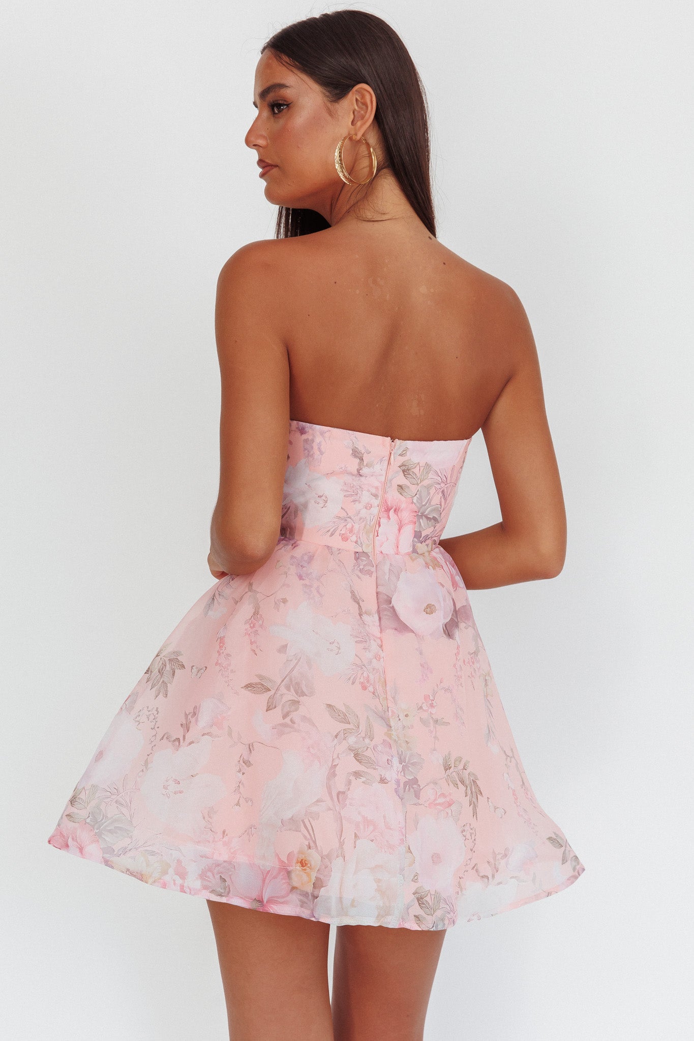 Gem Deep Sweetheart Neckline Mini Dress Floral Pink