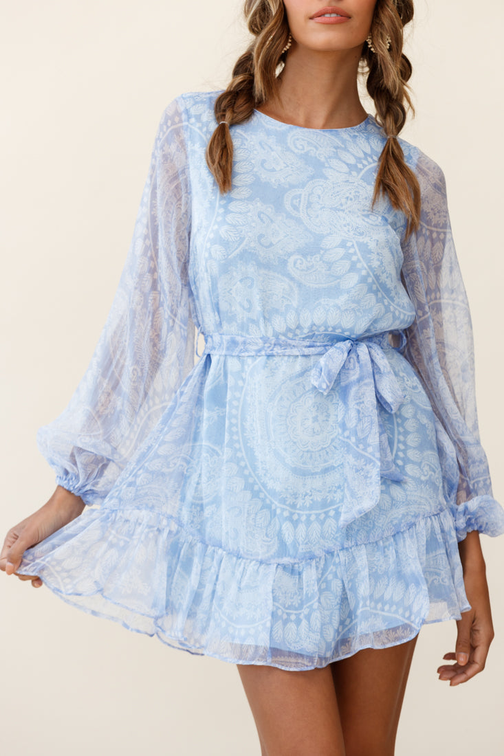 Always & Forever Long Balloon Sleeve Crew Neck Dress Paisley Print Blue