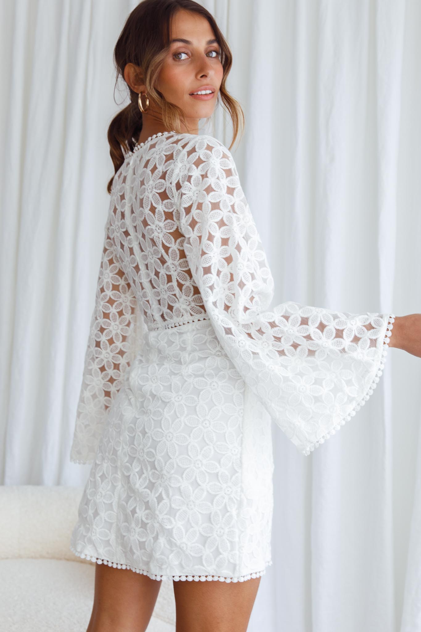 Santa Cruz Bell Sleeve Embroidered Wrap Mini Dress White