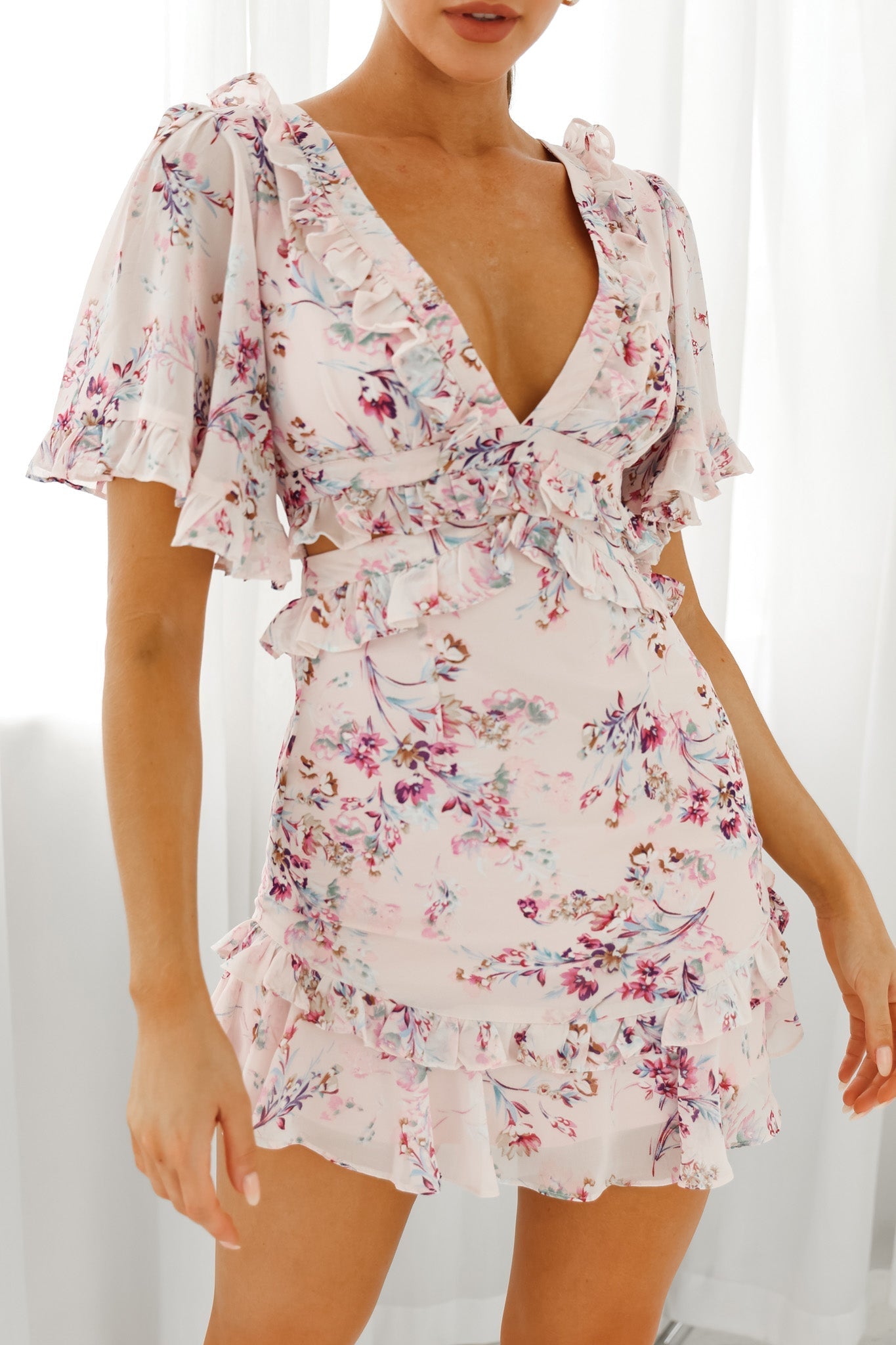 My Belle Cut-Out Detail Frill Accent Dress Floral Print Pink