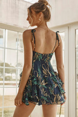 Flower Child Bust Tie Ruffle Trim Dress Leaf Print Navy
