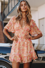 Sally Angel Sleeve Open Back Dress Floral Print Pink