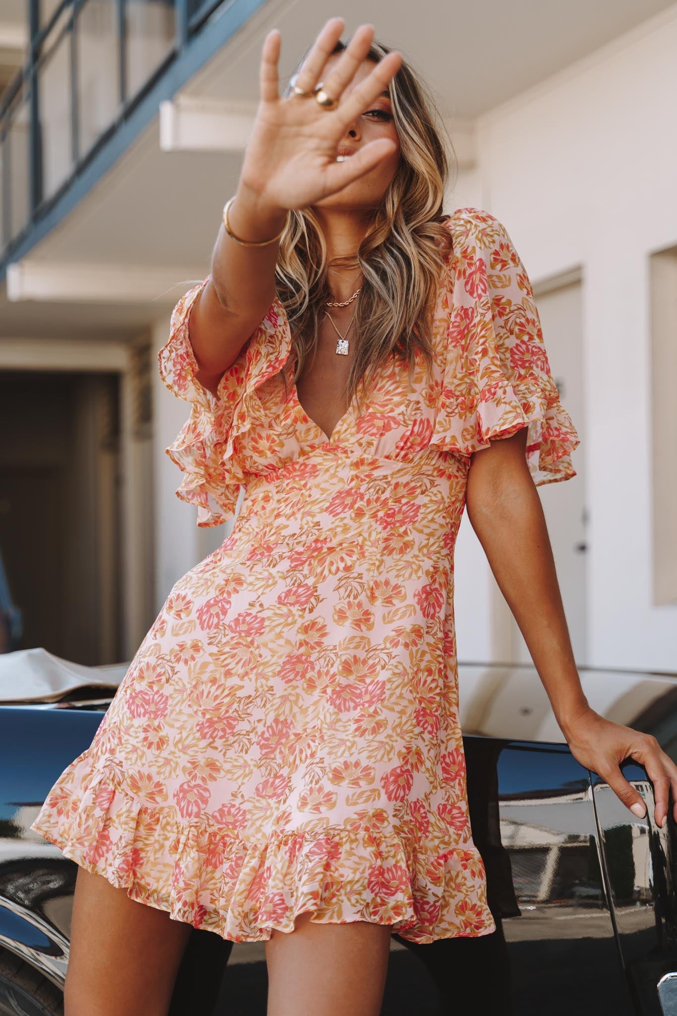 Sally Angel Sleeve Open Back Dress Floral Print Pink