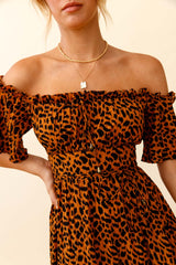 Voyager Off-Shoulder Bell Sleeve Midi Dress Leopard Print Brown