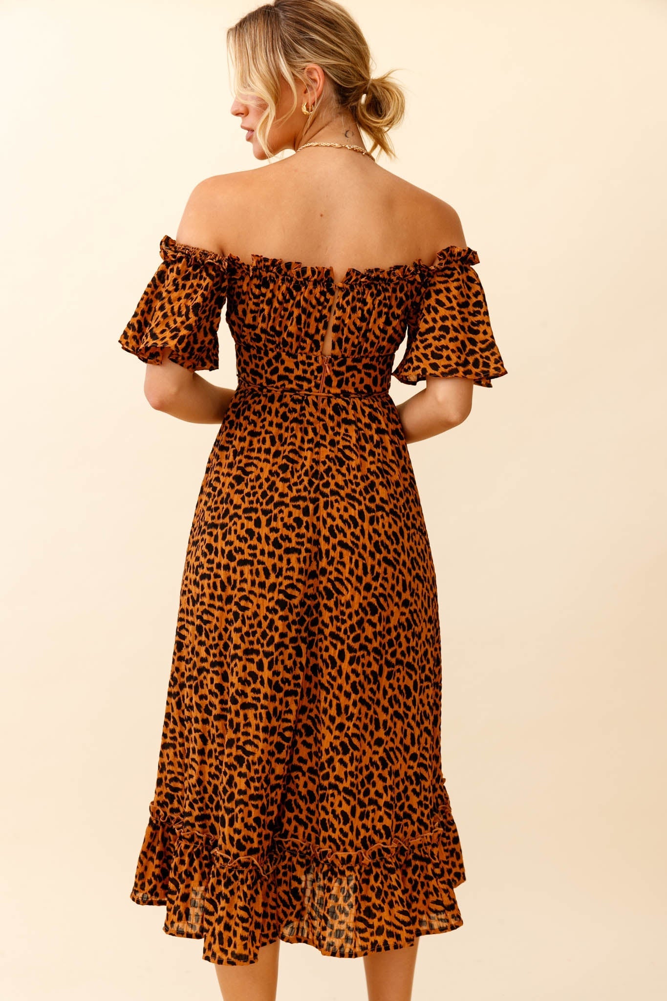 Voyager Off-Shoulder Bell Sleeve Midi Dress Leopard Print Brown