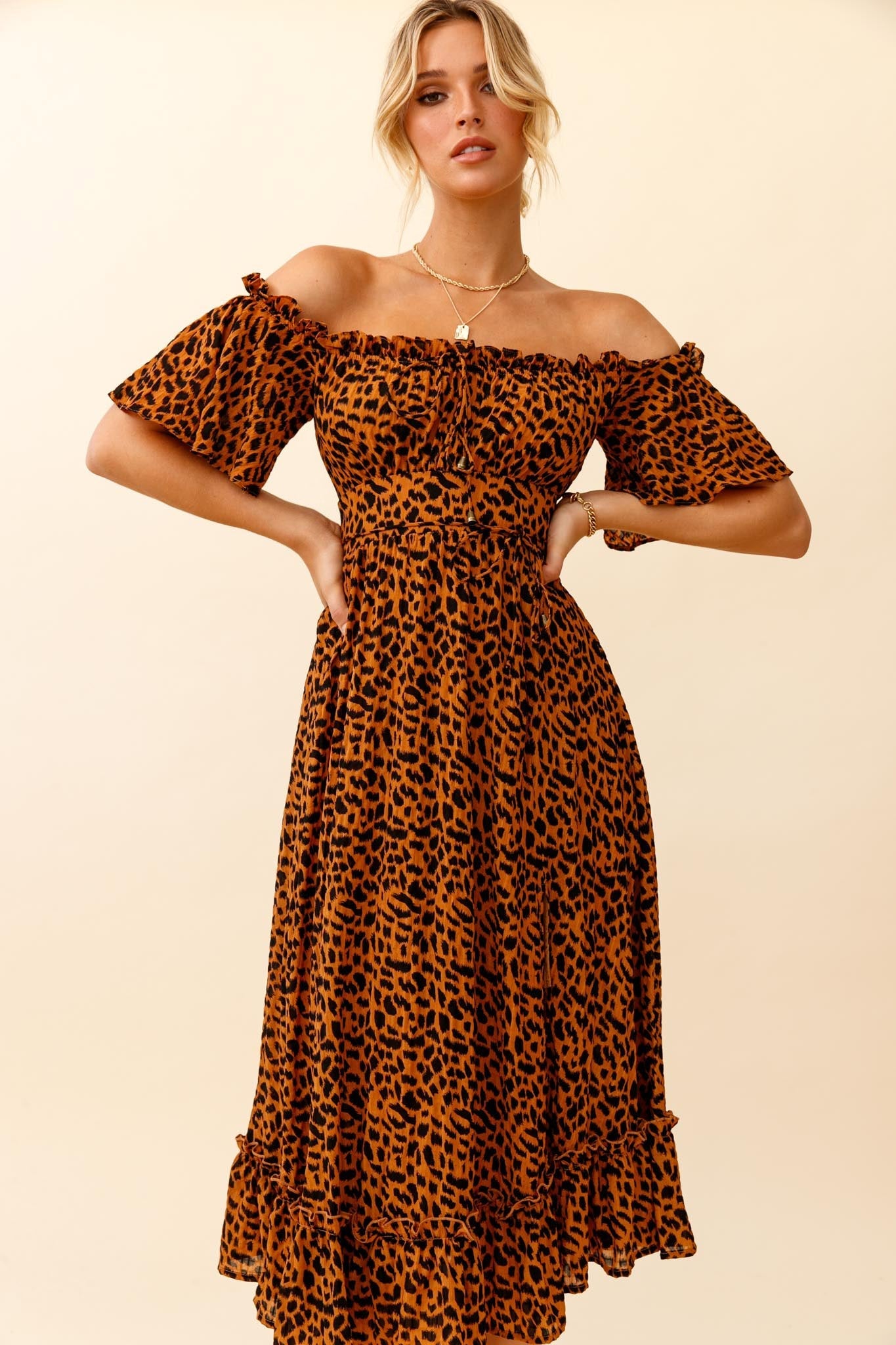 Voyager Off-Shoulder Bell Sleeve Midi Dress Leopard Print Brown