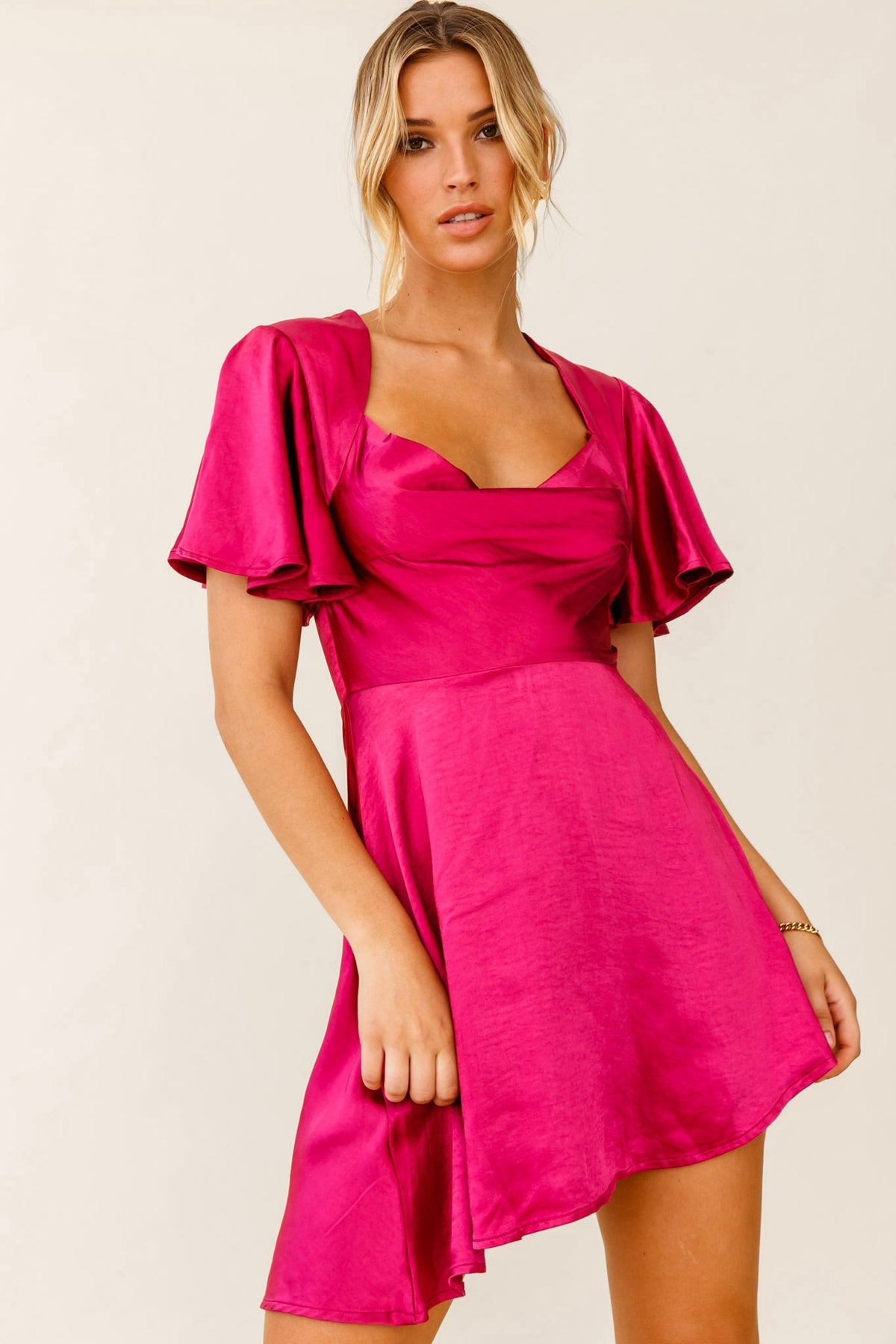 Sydney Angel Sleeve Cowl Neck Satin Dress Plum