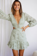 Santorini Sunset Balloon Sleeve Cut-Out Eyelet Dress Sage
