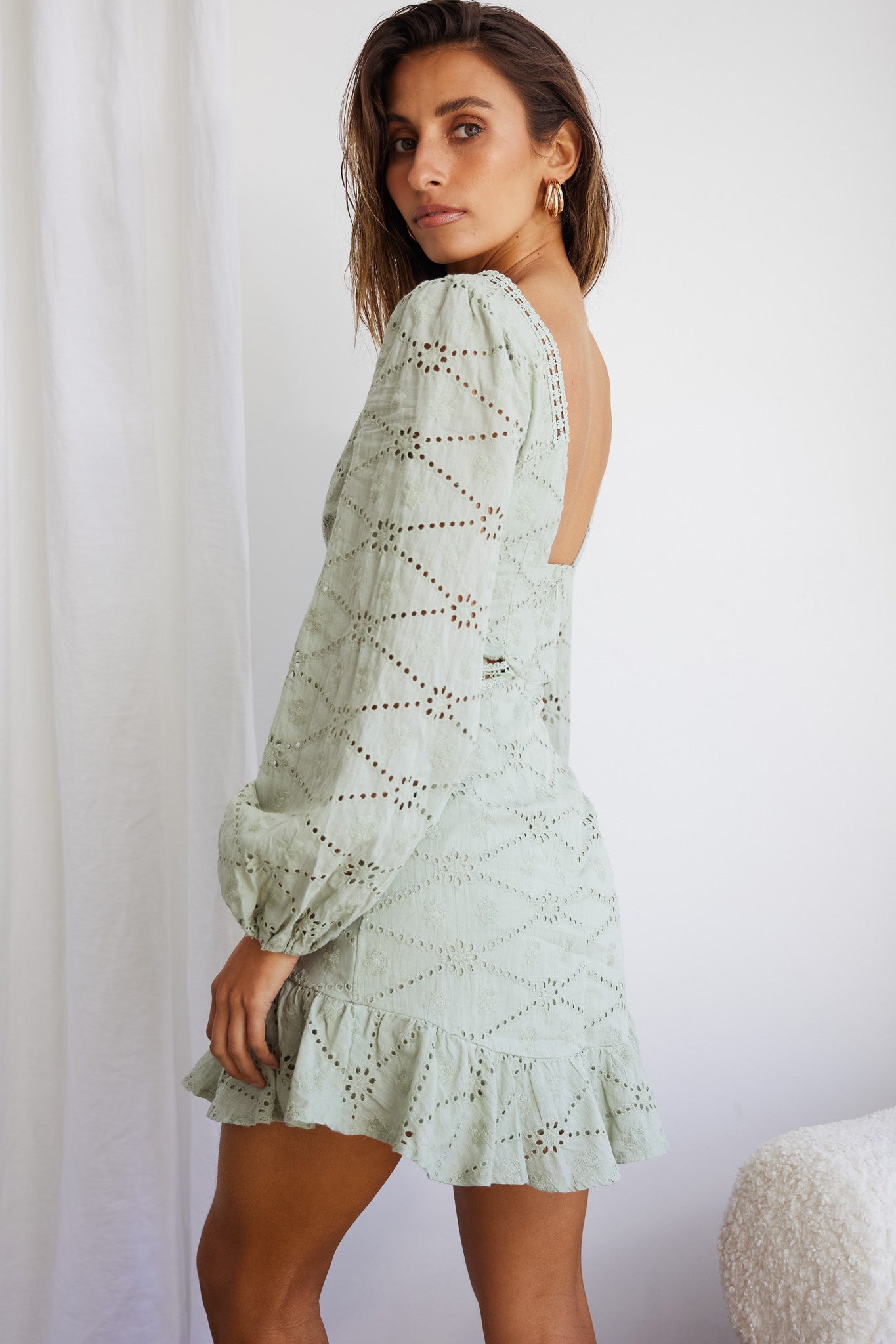 Santorini Sunset Balloon Sleeve Cut-Out Eyelet Dress Sage